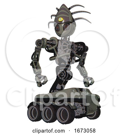 Mech Containing Grey Alien Style Head and Metal Grate Eyes and Eyeball Creature Crown and Heavy Upper Chest and No Chest Plating and Six-wheeler Base. Concrete Grey Metal. Hero Pose. by Leo Blanchette
