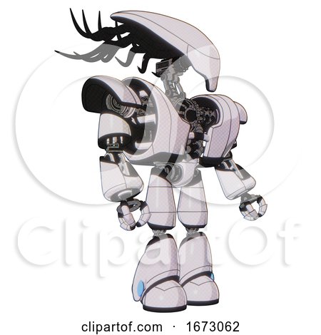 Android Containing Flat Elongated Skull Head and Cables and Heavy Upper Chest and Heavy Mech Chest and Light Leg Exoshielding. White Halftone Toon. Facing Left View. by Leo Blanchette