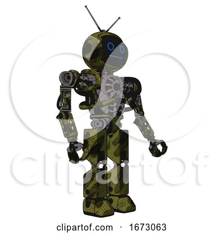 Robot Containing Digital Display Head and Blank-faced Expression and Retro Antennas and Heavy Upper Chest and No Chest Plating and Prototype Exoplate Legs. Grunge Army Green. Facing Left View. by Leo Blanchette