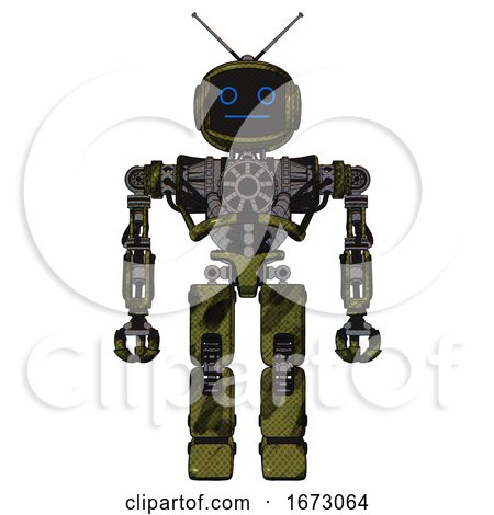 Robot Containing Digital Display Head and Blank-faced Expression and Retro Antennas and Heavy Upper Chest and No Chest Plating and Prototype Exoplate Legs. Grunge Army Green. Front View. by Leo Blanchette