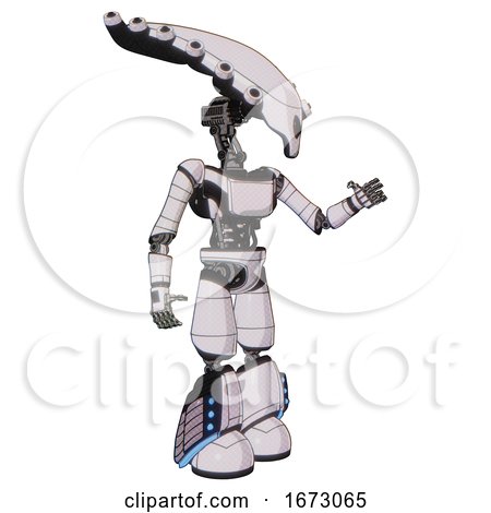Android Containing Flat Elongated Skull Head and Light Chest Exoshielding and Ultralight Chest Exosuit and Light Leg Exoshielding and Megneto-hovers Foot Mod. White Halftone Toon. Interacting. by Leo Blanchette