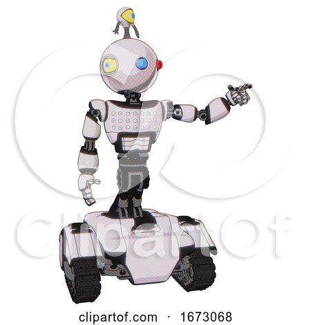 Robot Containing Oval Wide Head and Giant Blue and Red Led Eyes and Minibot Ornament and Light Chest Exoshielding and Chest Green Blue Lights Array and Tank Tracks. White Halftone Toon. by Leo Blanchette