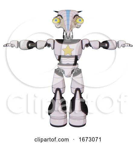 Automaton Containing Bird Skull Head and Big Yellow Eyes and Head Shield Design and Light Chest Exoshielding and Yellow Star and Light Leg Exoshielding and Stomper Foot Mod. White Halftone Toon. by Leo Blanchette
