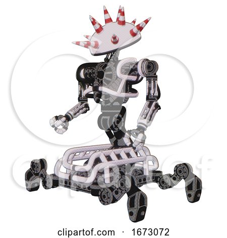 Bot Containing Red and White Cone Dome Head and Heavy Upper Chest and No Chest Plating and Insect Walker Legs. White Halftone Toon. Facing Right View. by Leo Blanchette
