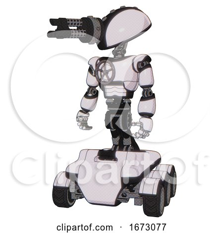 Android Containing Gatling Gun Face Design and Light Chest Exoshielding and Chest Valve Crank and Six-wheeler Base. White Halftone Toon. Standing Looking Right Restful Pose. by Leo Blanchette