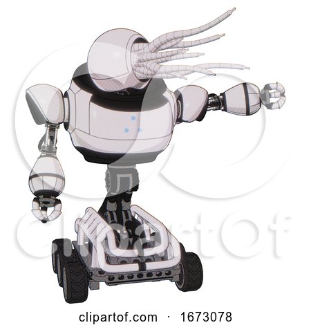 Bot Containing Jellyfish Style Head Fiber Optic Tentacles and Heavy Upper Chest and Triangle of Blue Leds and Six-wheeler Base. White Halftone Toon. Pointing Left or Pushing a Button.. by Leo Blanchette