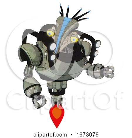 Cyborg Containing Bird Skull Head and Big Yellow Eyes and Head Shield Design and Heavy Upper Chest and Shoulder Headlights and Jet Propulsion. Green Metal. Fight or Defense Pose.. by Leo Blanchette
