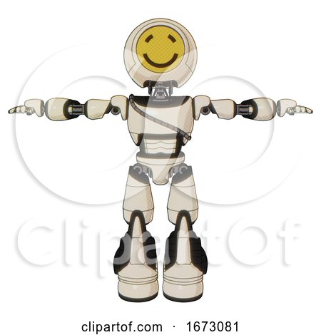 Robot Containing Round Head Yellow Happy Face and Light Chest Exoshielding and Cable Sash and Light Leg Exoshielding and Stomper Foot Mod. off White Toon. T-pose. by Leo Blanchette