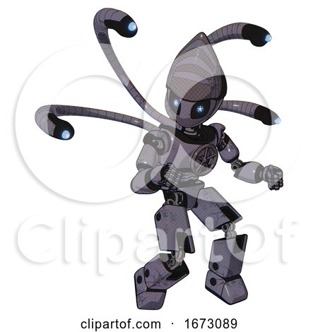 Bot Containing Grey Alien Style Head and Electric Eyes and Light Chest Exoshielding and Chest Valve Crank and Blue-eye Cam Cable Tentacles and Prototype Exoplate Legs. Light Lavender Metal. by Leo Blanchette