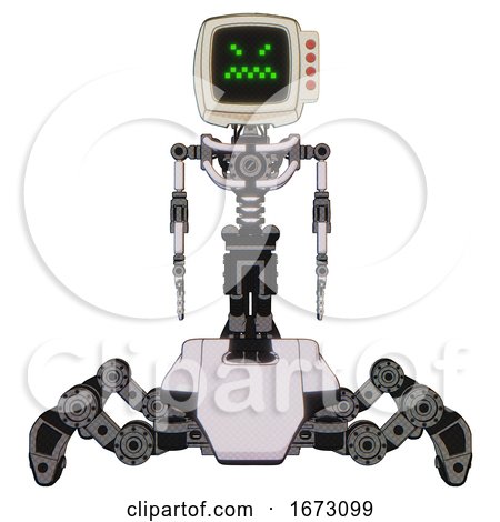 Mech Containing Old Computer Monitor and Angry Pixels Face and Red Buttons and Light Chest Exoshielding and No Chest Plating and Insect Walker Legs. White Halftone Toon. Front View. by Leo Blanchette
