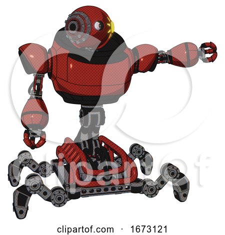Bot Containing Oval Wide Head and Sunshine Patch Eye and Steampunk Iron Bands with Bolts and Heavy Upper Chest and Insect Walker Legs. Cherry Tomato Red. Pointing Left or Pushing a Button.. by Leo Blanchette