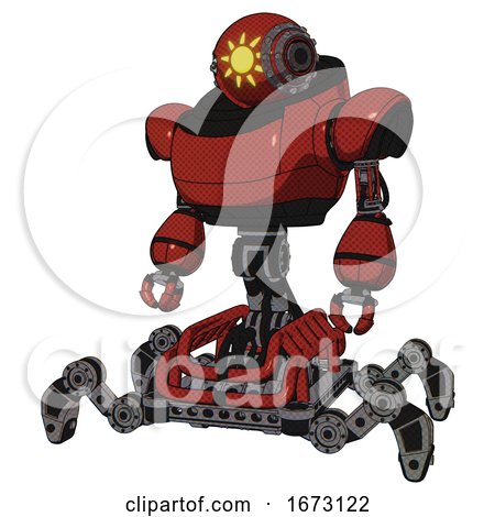 Bot Containing Oval Wide Head and Sunshine Patch Eye and Steampunk Iron Bands with Bolts and Heavy Upper Chest and Insect Walker Legs. Cherry Tomato Red. Standing Looking Right Restful Pose. by Leo Blanchette