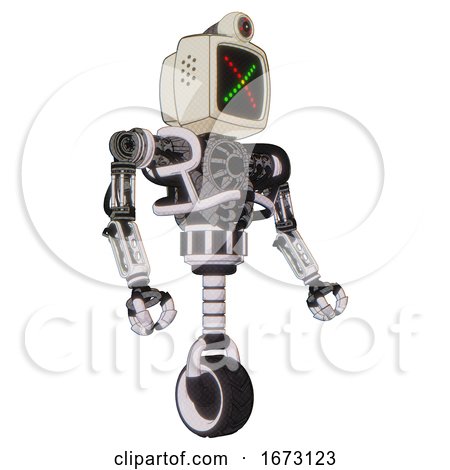 Cyborg Containing Old Computer Monitor and Colored X Display and Retro-futuristic Webcam and Heavy Upper Chest and No Chest Plating and Unicycle Wheel. White Halftone Toon. Facing Left View. by Leo Blanchette