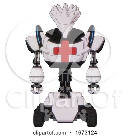 Robot Containing Flat Elongated Skull Head and Spikes, and Heavy Upper Chest and First Aid Chest Symbol and Blue Strip Lights and Six-wheeler Base. White Halftone Toon. Front View. by Leo Blanchette