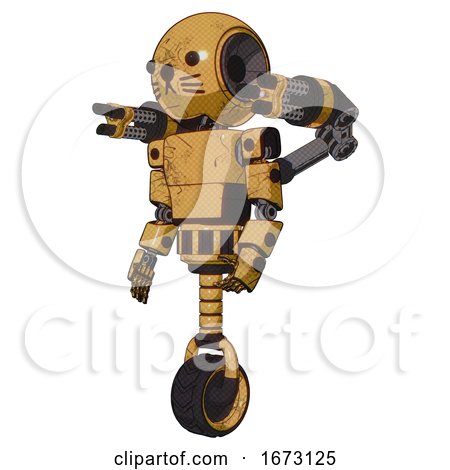 Automaton Containing Round Head and Light Chest Exoshielding and Prototype Exoplate Chest and Minigun Back Assembly and Unicycle Wheel and Cat Face. Construction Yellow Halftone. Facing Right View. by Leo Blanchette