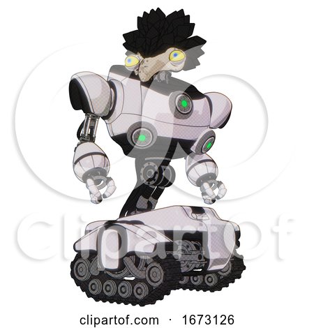 Bot Containing Bird Skull Head and Big Yellow Eyes and Crow Feather Design and Heavy Upper Chest and Chest Green Energy Cores and Tank Tracks. White Halftone Toon. Hero Pose. by Leo Blanchette