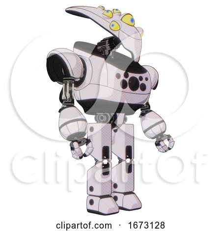 Bot Containing Flat Elongated Skull Head and Yellow Eyeball Array and Heavy Upper Chest and Chest Compound Eyes and Prototype Exoplate Legs. White Halftone Toon. Facing Left View. by Leo Blanchette
