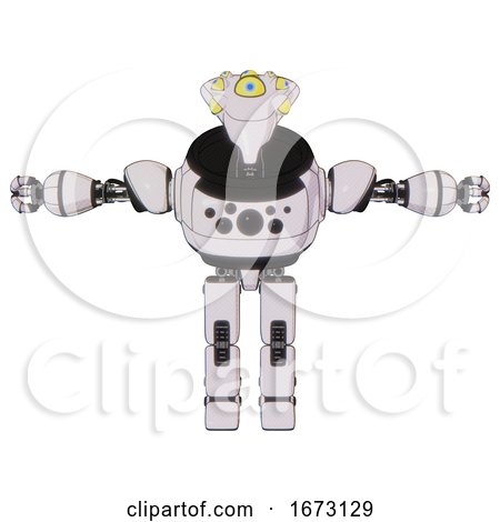 Bot Containing Flat Elongated Skull Head and Yellow Eyeball Array and Heavy Upper Chest and Chest Compound Eyes and Prototype Exoplate Legs. White Halftone Toon. T-pose. by Leo Blanchette