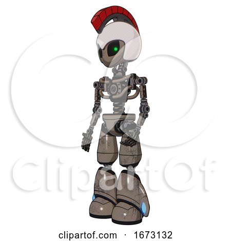 Mech Containing Grey Alien Style Head and Green Inset Eyes and Galea Roman Soldier Ornament and Helmet and Light Chest Exoshielding and No Chest Plating and Light Leg Exoshielding. Patent Khaki Metal. by Leo Blanchette