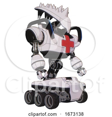 Robot Containing Flat Elongated Skull Head and Spikes, and Heavy Upper Chest and First Aid Chest Symbol and Blue Strip Lights and Six-wheeler Base. White Halftone Toon. Facing Left View. by Leo Blanchette