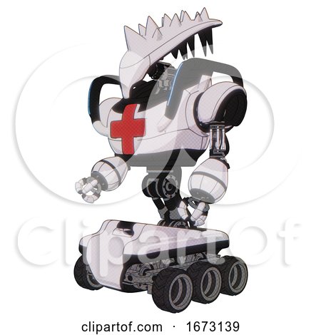 Robot Containing Flat Elongated Skull Head and Spikes, and Heavy Upper Chest and First Aid Chest Symbol and Blue Strip Lights and Six-wheeler Base. White Halftone Toon. Facing Right View. by Leo Blanchette