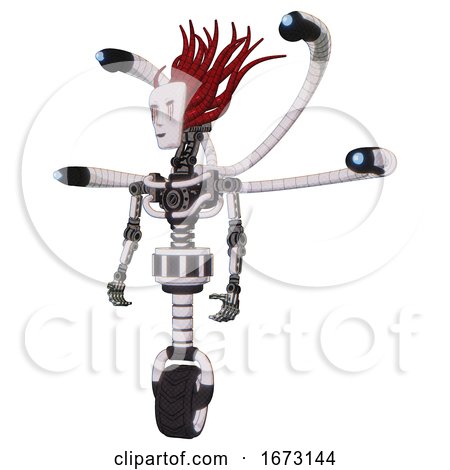 Droid Containing Humanoid Face Mask and Blood Tears and Light Chest Exoshielding and Blue-eye Cam Cable Tentacles and No Chest Plating and Unicycle Wheel. White Halftone Toon. by Leo Blanchette