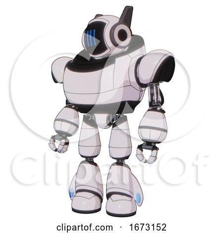 Bot Containing Digital Display Head and Three Vertical Line Design and Winglets and Heavy Upper Chest and Light Leg Exoshielding. White Halftone Toon. Standing Looking Right Restful Pose. by Leo Blanchette