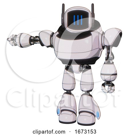 Bot Containing Digital Display Head and Three Vertical Line Design and Winglets and Heavy Upper Chest and Light Leg Exoshielding. White Halftone Toon. Arm out Holding Invisible Object.. by Leo Blanchette