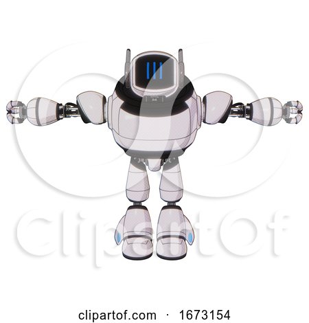 Bot Containing Digital Display Head and Three Vertical Line Design and Winglets and Heavy Upper Chest and Light Leg Exoshielding. White Halftone Toon. T-pose. by Leo Blanchette
