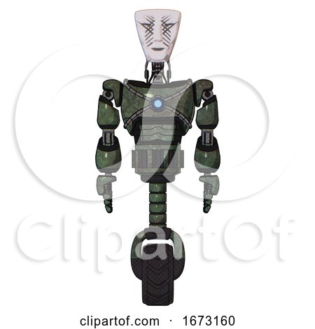 Android Containing Humanoid Face Mask and War Paint and Light Chest Exoshielding and Blue Energy Core and Unicycle Wheel. Old Corroded Copper. Front View. by Leo Blanchette