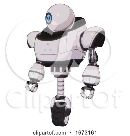 Cyborg Containing Dual Retro Camera Head and Power Symbol Head and Heavy Upper Chest and Triangle of Blue Leds and Unicycle Wheel. White Halftone Toon. Standing Looking Right Restful Pose. by Leo Blanchette