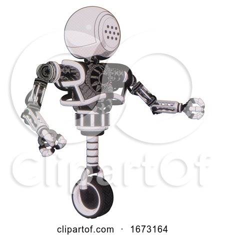 Cyborg Containing Dots Array Face and Heavy Upper Chest and No Chest Plating and Unicycle Wheel. White Halftone Toon. Interacting. by Leo Blanchette