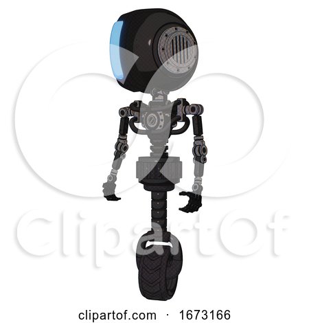 Android Containing Round Head and Large Vertical Visor and Light Chest Exoshielding and No Chest Plating and Unicycle Wheel. Dirty Black. Standing Looking Right Restful Pose. by Leo Blanchette