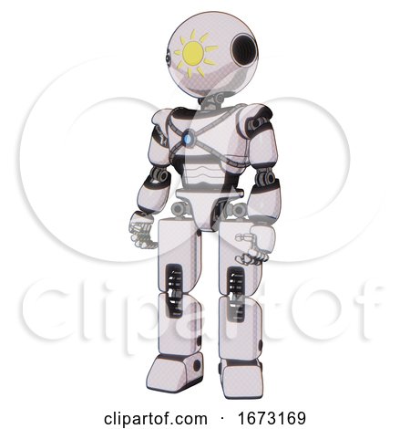 Droid Containing Oval Wide Head and Sunshine Patch Eye and Light Chest Exoshielding and Blue Energy Core and Prototype Exoplate Legs. White Halftone Toon. Standing Looking Right Restful Pose. by Leo Blanchette