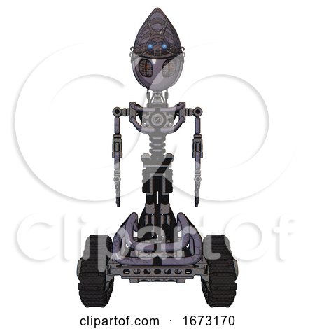 Mech Containing Grey Alien Style Head and Metal Grate Eyes and Alien Bug Creature Hat and Light Chest Exoshielding and No Chest Plating and Tank Tracks. Light Lavender Metal. Front View. by Leo Blanchette
