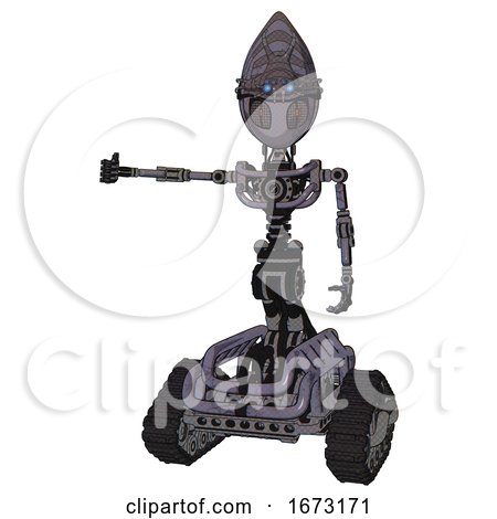 Mech Containing Grey Alien Style Head and Metal Grate Eyes and Alien Bug Creature Hat and Light Chest Exoshielding and No Chest Plating and Tank Tracks. Light Lavender Metal. by Leo Blanchette