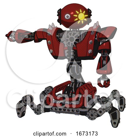 Robot Containing Oval Wide Head and Sunshine Patch Eye and Heavy Upper Chest and Heavy Mech Chest and Shoulder Spikes and Insect Walker Legs. Matted Red. Arm out Holding Invisible Object.. by Leo Blanchette