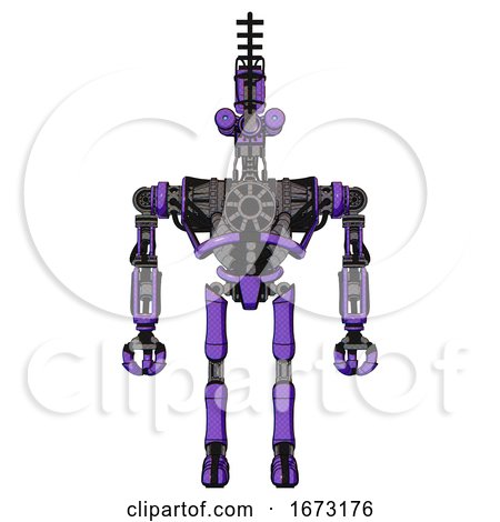 Robot Containing Dual Retro Camera Head and Wireless Internet Transmitter Head and Heavy Upper Chest and No Chest Plating and Ultralight Foot Exosuit. Secondary Purple Halftone. Front View. by Leo Blanchette