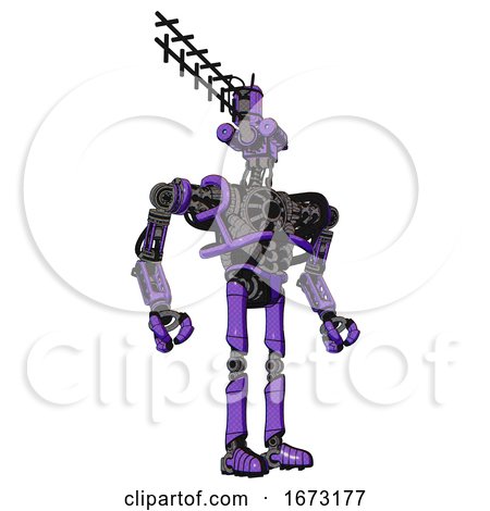Robot Containing Dual Retro Camera Head and Wireless Internet Transmitter Head and Heavy Upper Chest and No Chest Plating and Ultralight Foot Exosuit. Secondary Purple Halftone. Hero Pose. by Leo Blanchette