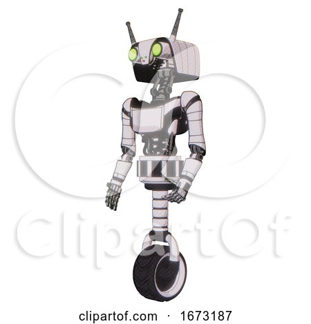 Bot Containing Dual Retro Camera Head and Cyborg Antenna Head and Light Chest Exoshielding and Ultralight Chest Exosuit and Unicycle Wheel. White Halftone Toon. Facing Right View. by Leo Blanchette