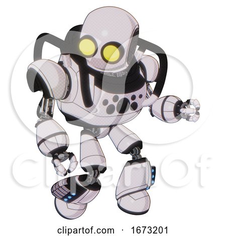 Droid Containing Round Head and Large Yellow Eyes and Heavy Upper Chest and Chest Compound Eyes and Light Leg Exoshielding and Megneto-hovers Foot Mod. White Halftone Toon. Fight or Defense Pose.. by Leo Blanchette