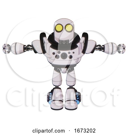 Droid Containing Round Head and Large Yellow Eyes and Heavy Upper Chest and Chest Compound Eyes and Light Leg Exoshielding and Megneto-hovers Foot Mod. White Halftone Toon. T-pose. by Leo Blanchette
