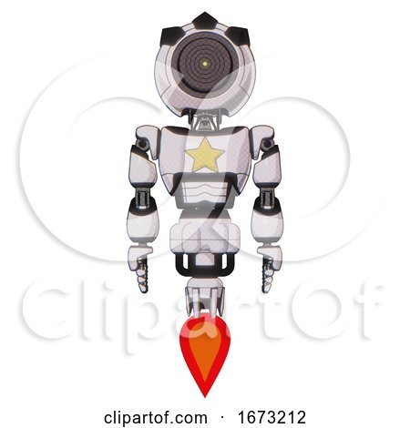 Bot Containing Green Dot Eye Corn Row Plastic Hair and Light Chest Exoshielding and Yellow Star and Jet Propulsion. White Halftone Toon. Front View. by Leo Blanchette
