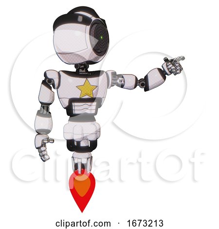 Bot Containing Green Dot Eye Corn Row Plastic Hair and Light Chest Exoshielding and Yellow Star and Jet Propulsion. White Halftone Toon. Pointing Left or Pushing a Button.. by Leo Blanchette