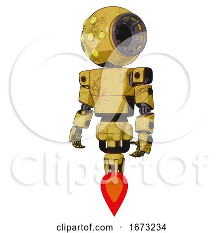 Bot Containing Round Head and Yellow Eyes Array and Light Chest Exoshielding and Prototype Exoplate Chest and Jet Propulsion. Construction Yellow Halftone. Standing Looking Right Restful Pose. by Leo Blanchette
