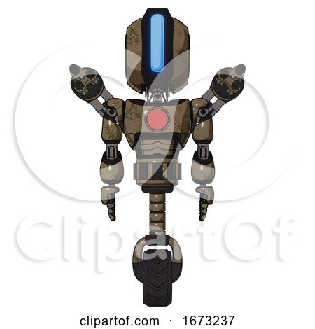 Android Containing Round Head and Large Vertical Visor and Light Chest Exoshielding and Red Chest Button and Minigun Back Assembly and Unicycle Wheel. Desert Tan Painted. Front View. by Leo Blanchette