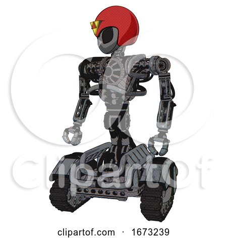 Mech Containing Grey Alien Style Head and Black Eyes and Triangle Design and Red Helmet and Heavy Upper Chest and No Chest Plating and Tank Tracks. Patent Concrete Gray Metal. by Leo Blanchette