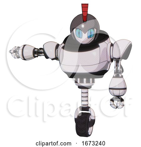 Automaton Containing Grey Alien Style Head and Blue Grate Eyes and Galea Roman Soldier Ornament and Gray Helmet and Heavy Upper Chest and Unicycle Wheel. White Halftone Toon. by Leo Blanchette