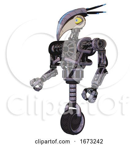 Bot Containing Bird Skull Head and Big Yellow Eyes and Head Shield Design and Heavy Upper Chest and No Chest Plating and Unicycle Wheel. Matted Pink Metal. Facing Right View. by Leo Blanchette