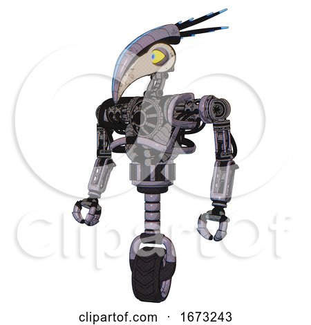 Bot Containing Bird Skull Head and Big Yellow Eyes and Head Shield Design and Heavy Upper Chest and No Chest Plating and Unicycle Wheel. Matted Pink Metal. Standing Looking Right Restful Pose. by Leo Blanchette